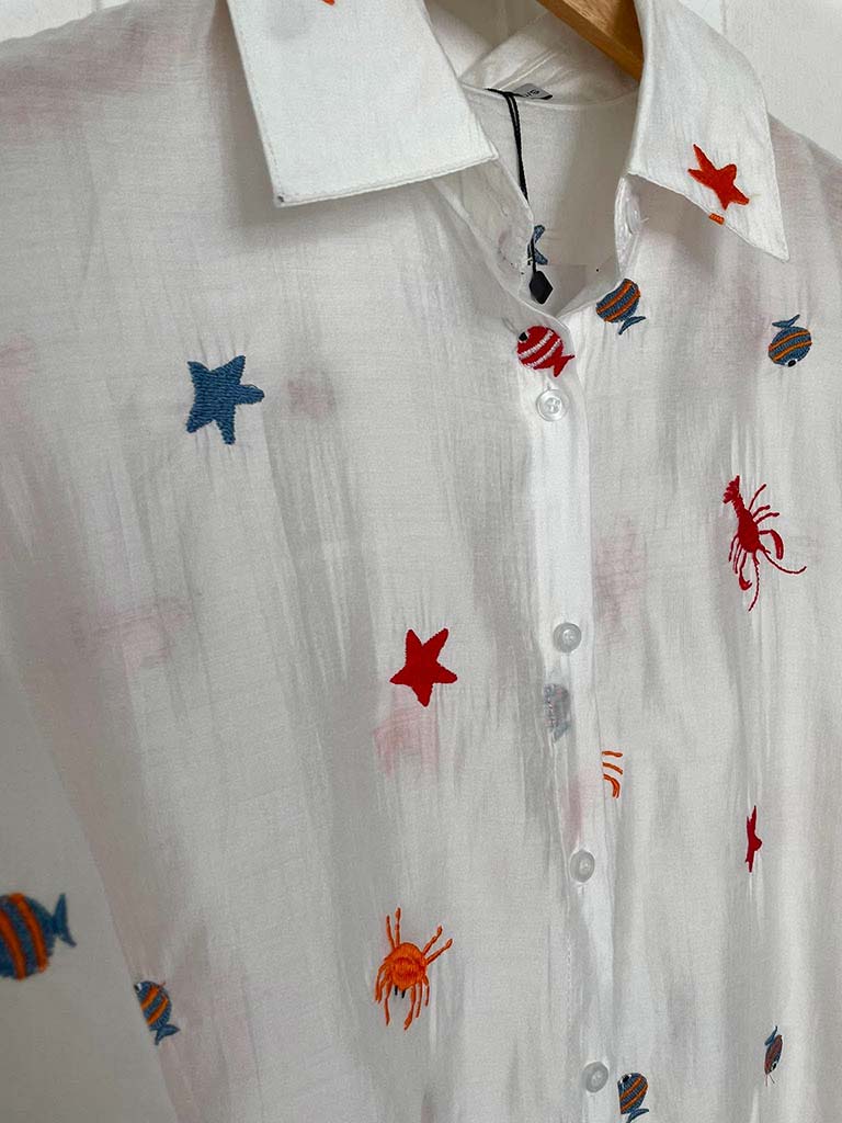 Ocean Embroidered Artist Shirt - White
