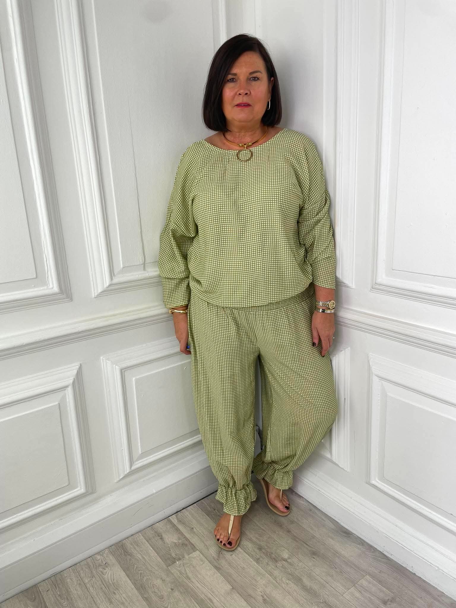 Gingham Ruffle Hem Pants - Avocado