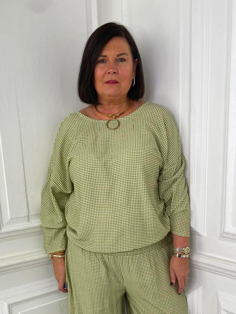 Gingham Tie Side Top - Avocado