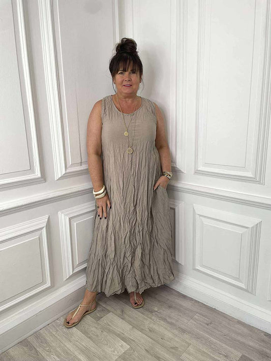 Crinkle Midaxi Dress - Stone