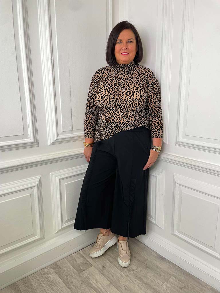 Malissa J Draped Neck Mesh Top - Leopard