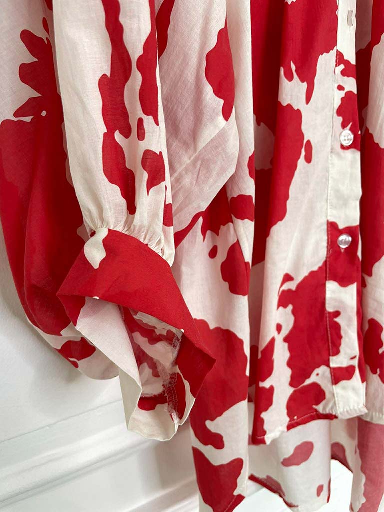 Balloon Sleeve Cow Print Blouse - Red