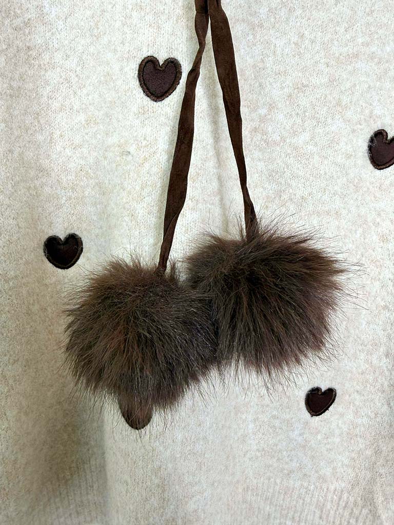 Heart Faux Fur Hooded Knit - Stone
