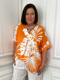 Tropical Print V-Neck Top - Tangerine