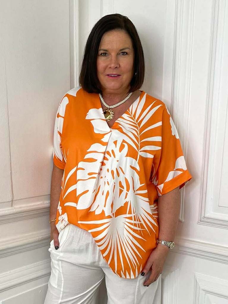 Tropical Print V-Neck Top - Tangerine