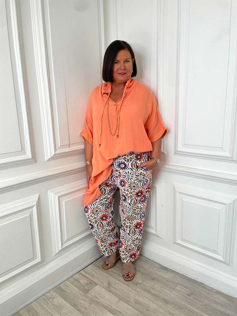 Floral Tile Print Trousers - Orange & Violet