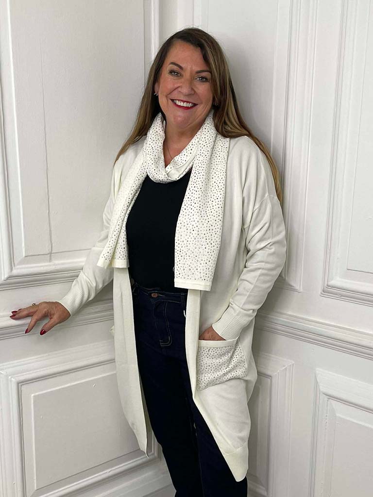 Malissa J Studded Cardigan & Scarf - Winter White