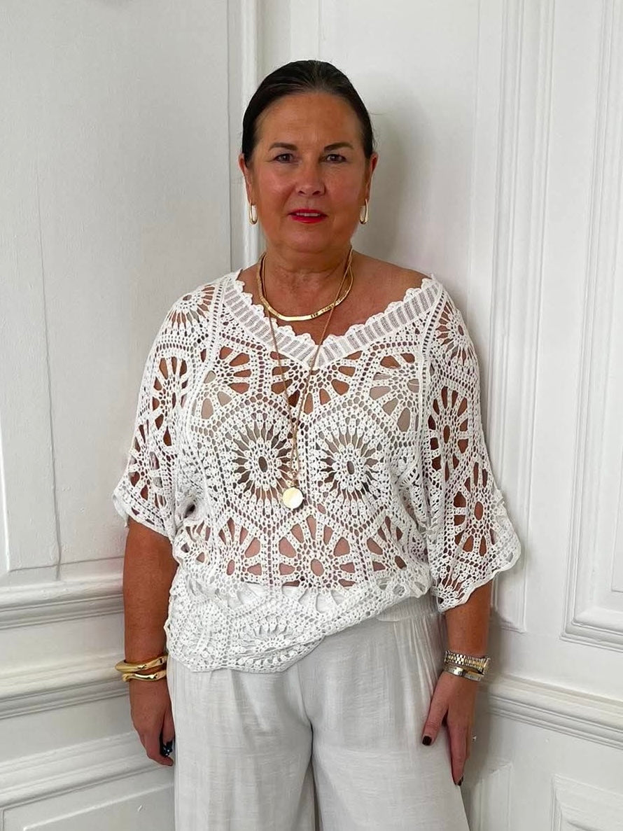 V-Neck Cotton Crochet Top - White