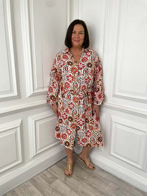 Floral Tile Print Shirt Dress
