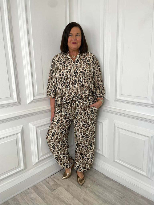 Brown leopard print drawstring trousers with relaxed fit styled for womens fashion and everyday wear. - Malissa J Drawstring Trousers - Leopard