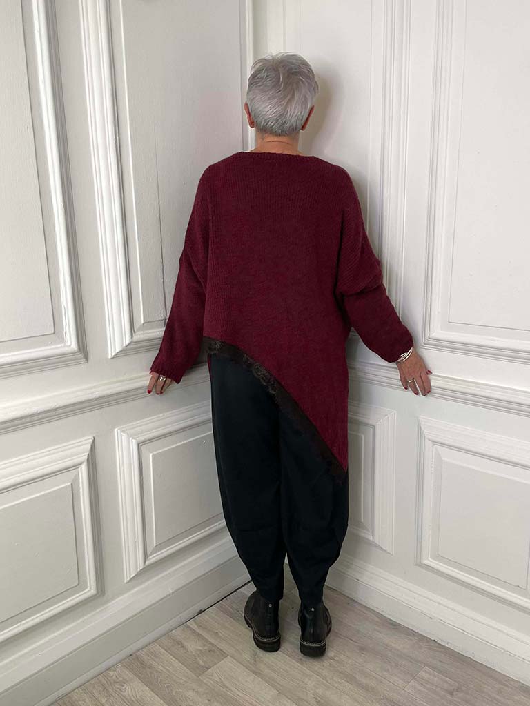 Lace Edge Asymmetric Knit - Burgundy
