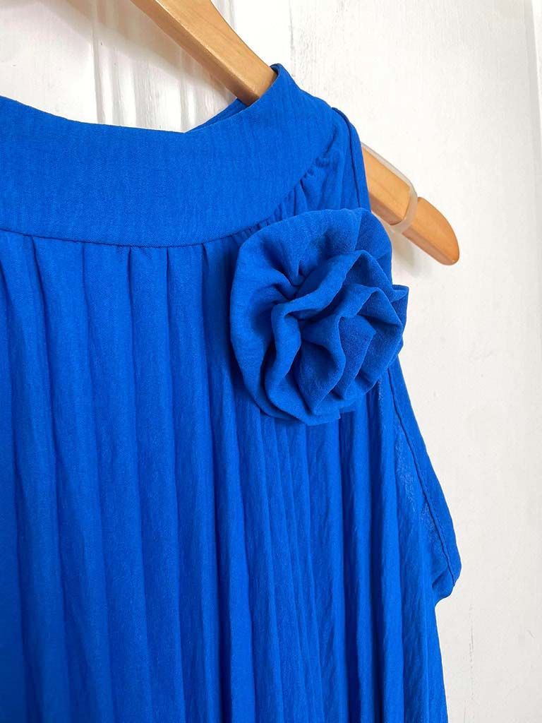 Pleated Flower Midi Dress - Cobalt