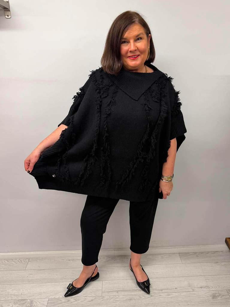 Malissa J Raw Edge Knit Poncho - Black
