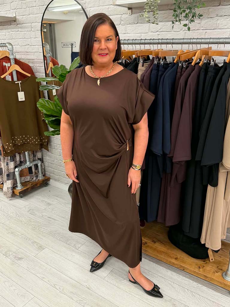 Gathered Cap Sleeve Dress - Chocolate