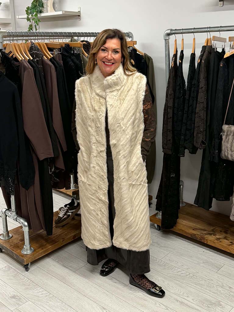 Malissa J Faux Fur Chevron Gilet - Stone