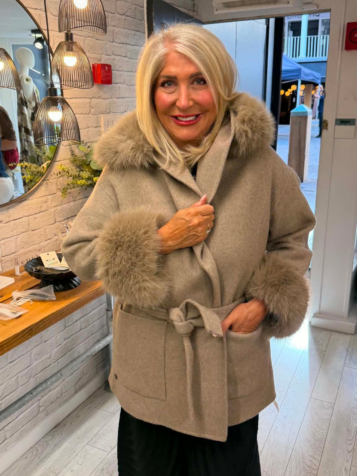 Malissa J Faux Fur Trim Jacket - Stone