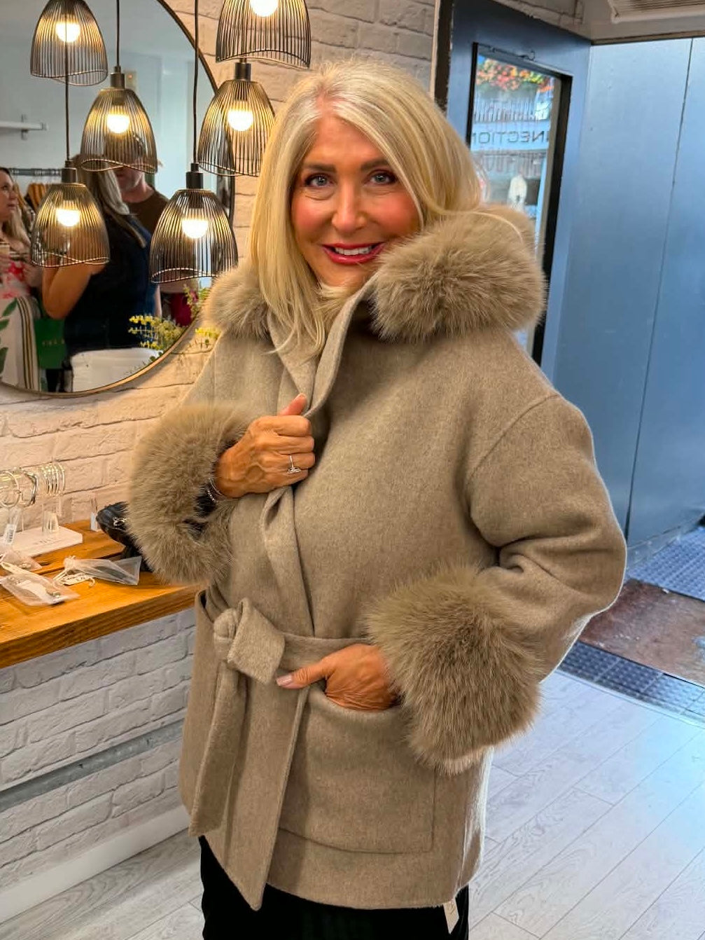 Malissa J Faux Fur Trim Jacket - Stone