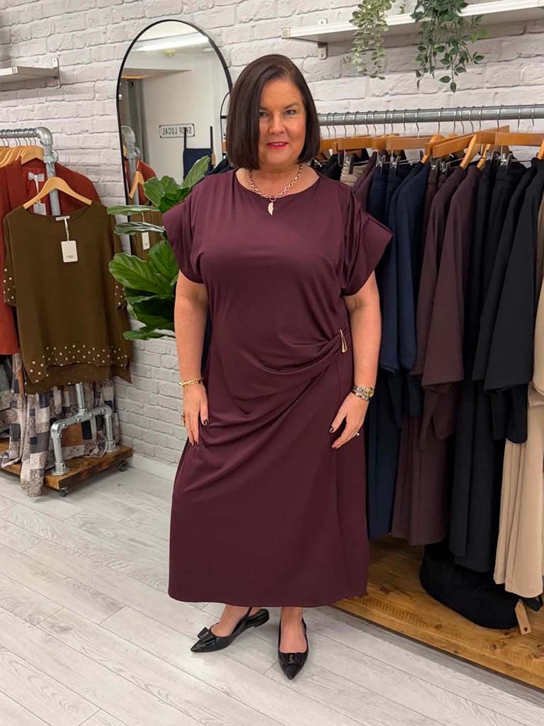 Gathered Cap Sleeve Dress - Plum