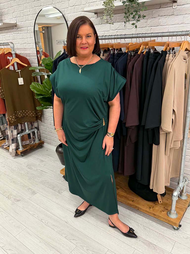 Gathered Cap Sleeve Dress - Emerald