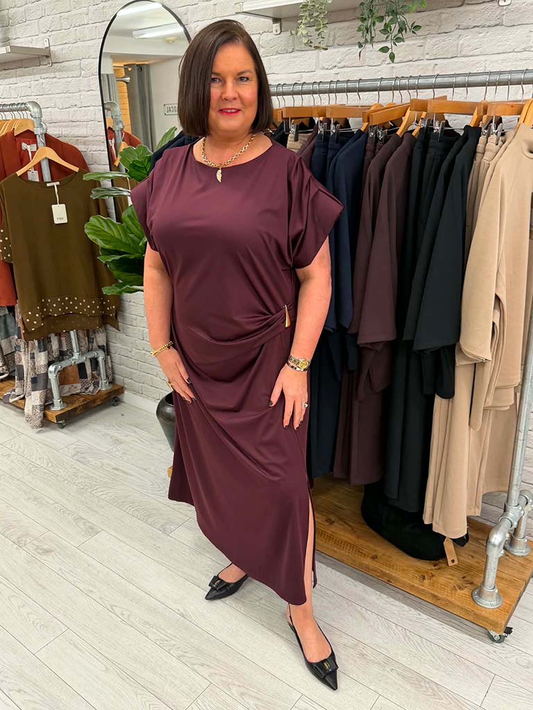 Gathered Cap Sleeve Dress - Plum