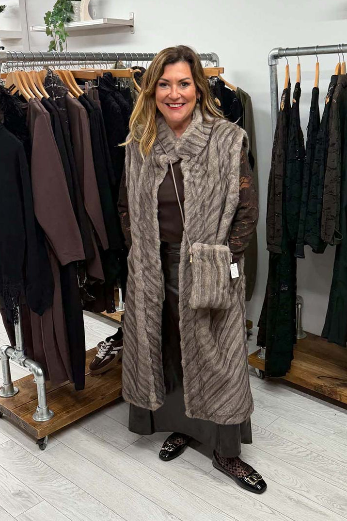 Malissa J Faux Fur Chevron Gilet - Greige