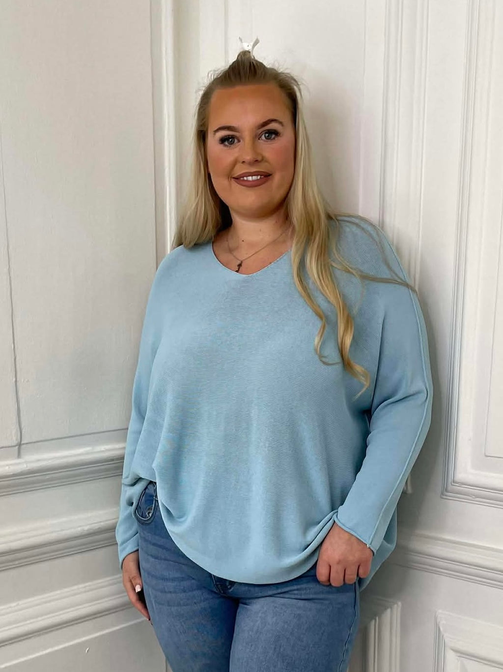 V-Neck Raw Edge Knit - Sky