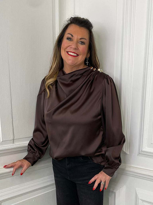 Draped Neck Blouse - Chocolate