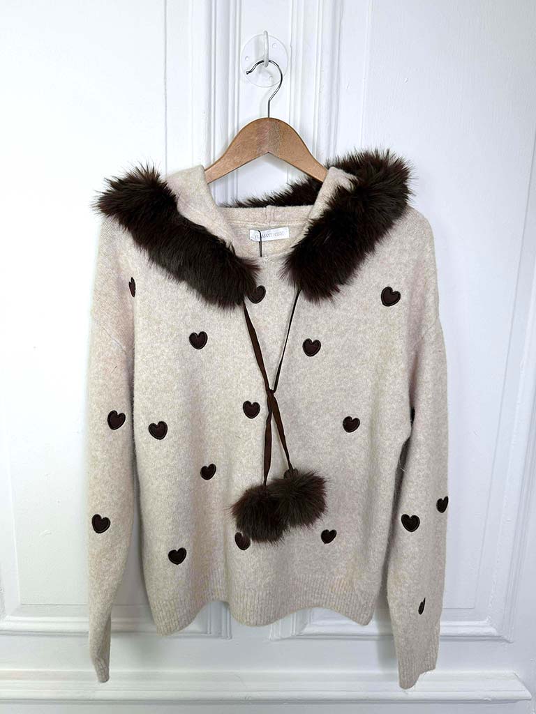 Heart Faux Fur Hooded Knit - Stone