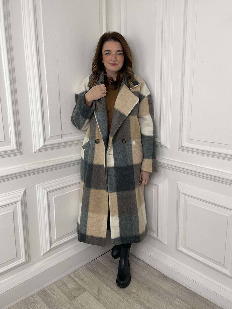 Check Wool Mix Coat - Stone