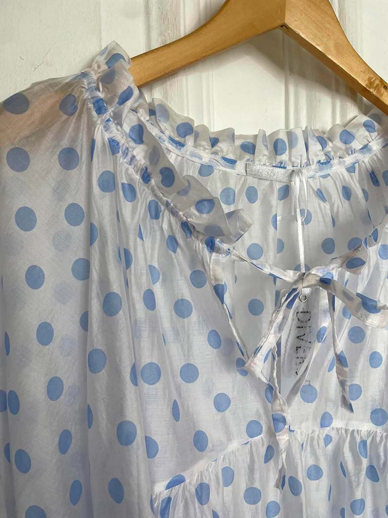 Polka Dot Ruffle Blouse - White & Blue
