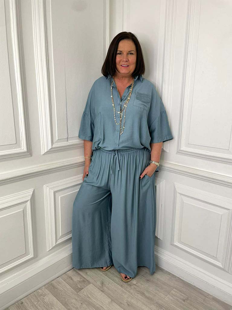 Wide Leg Drawstring Trousers - Airforce Blue