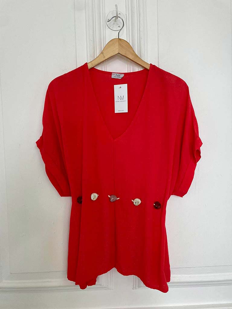 V-Neck Stone Drawstring Top - Blood Orange