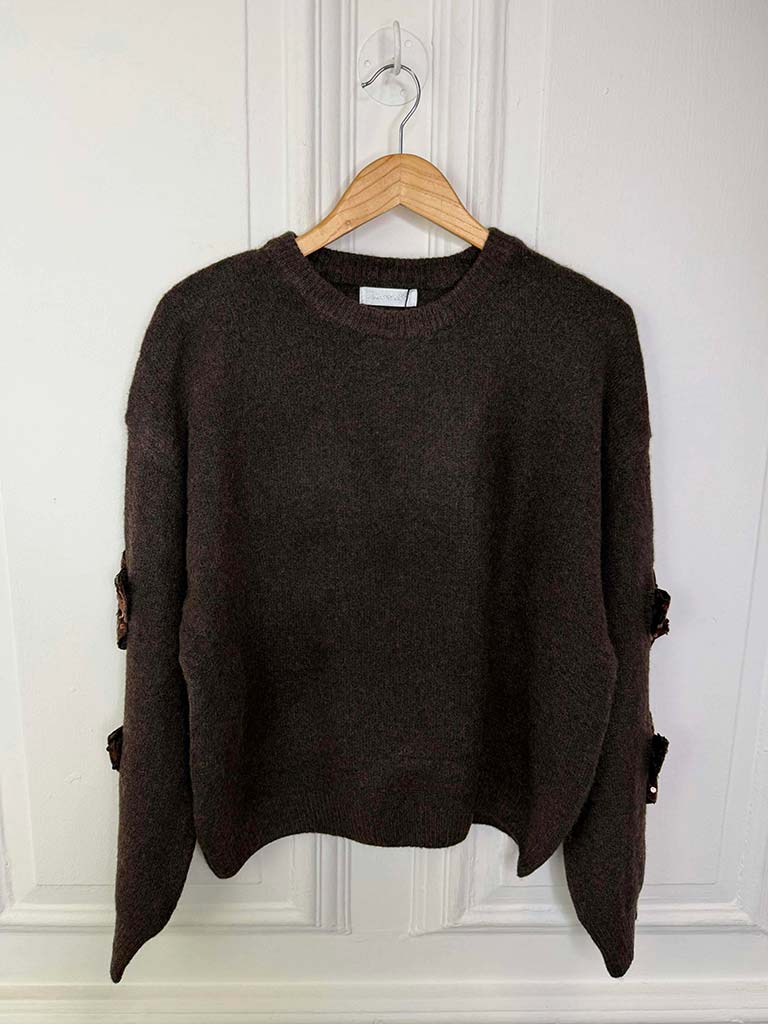 Sequin Bow Sleeve Knit - Chocolate