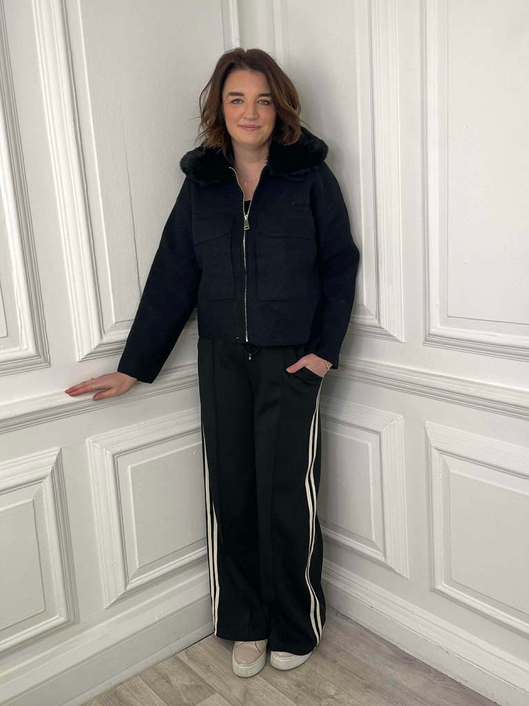 Faux Fur Collar Knitted Jacket - Black