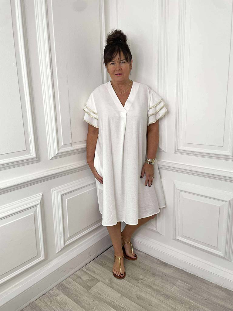 Crochet Frill Sleeve Dress - Ivory