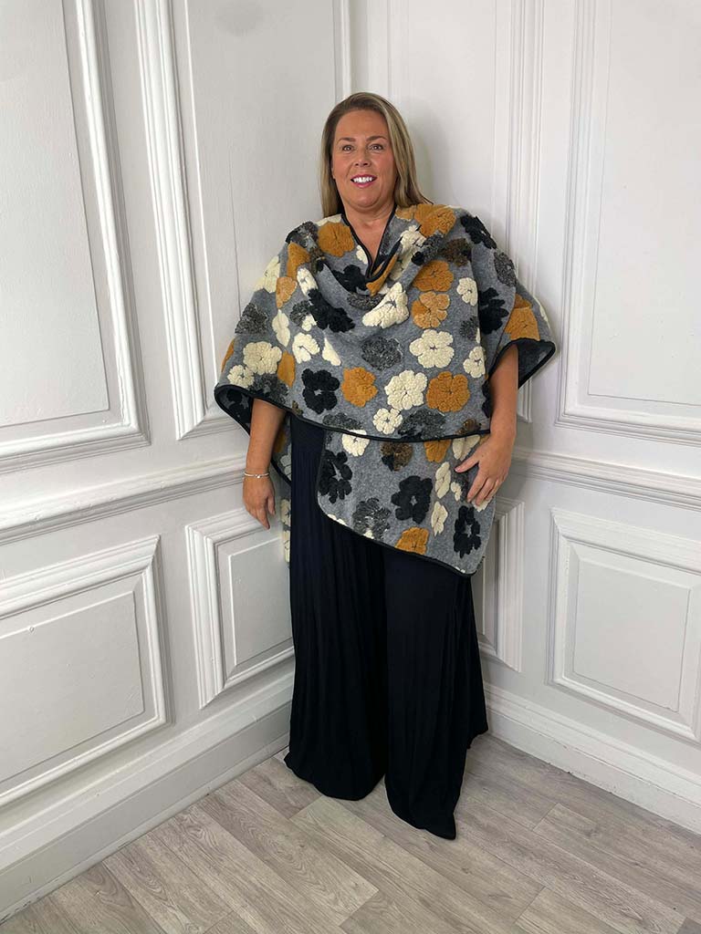 Malissa J Polar Fleece Flower Wrap - Grey & Tan