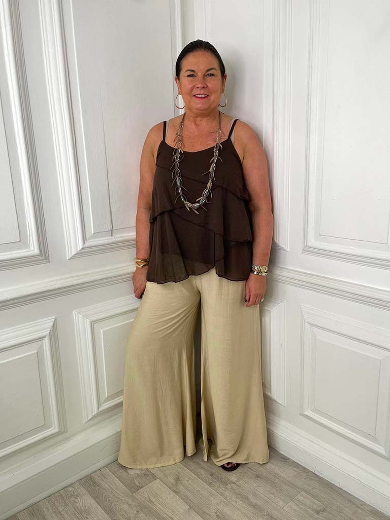 Shirred Wide Leg Trousers - Sand