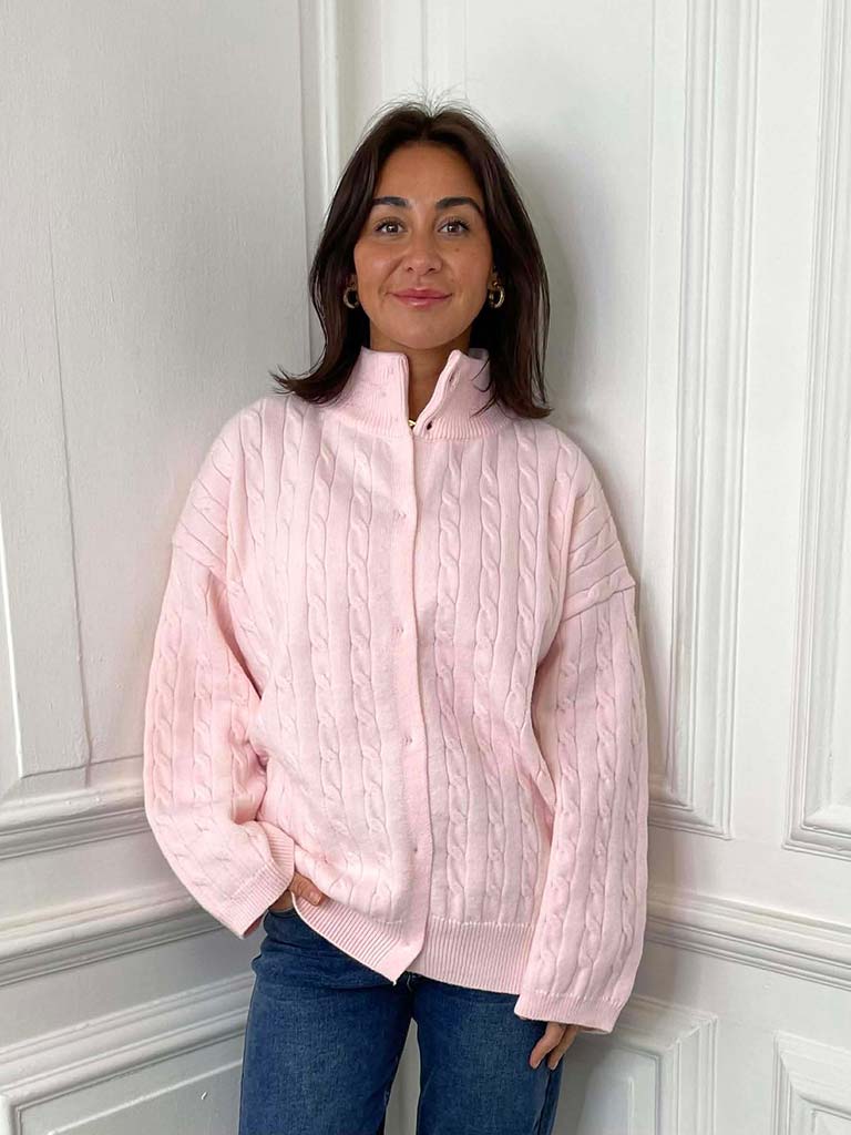 Oversized Cable Knit Cardigan - Petal