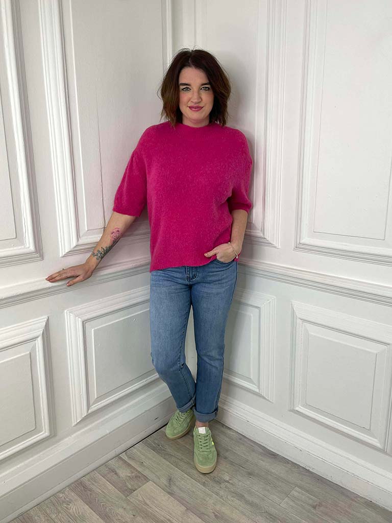 High Neck Short Sleeve Knit - Hot Pink