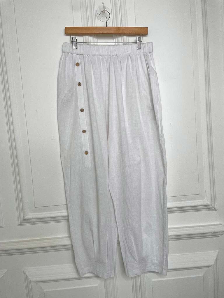 Cotton & Linen Pleat Cuff Trousers - White