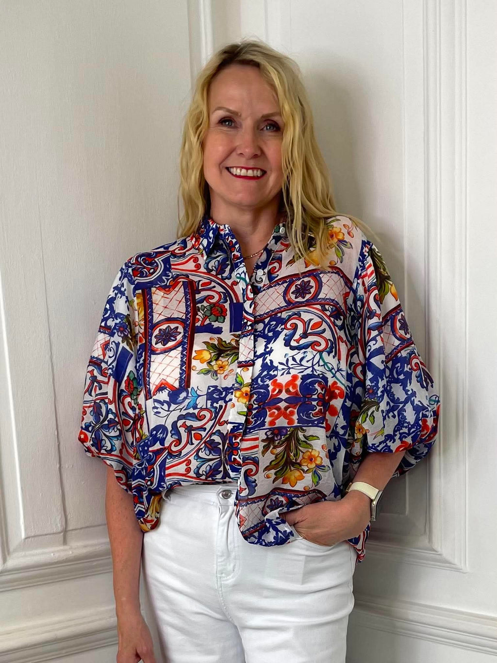 Puff Sleeve Tile Print Blouse