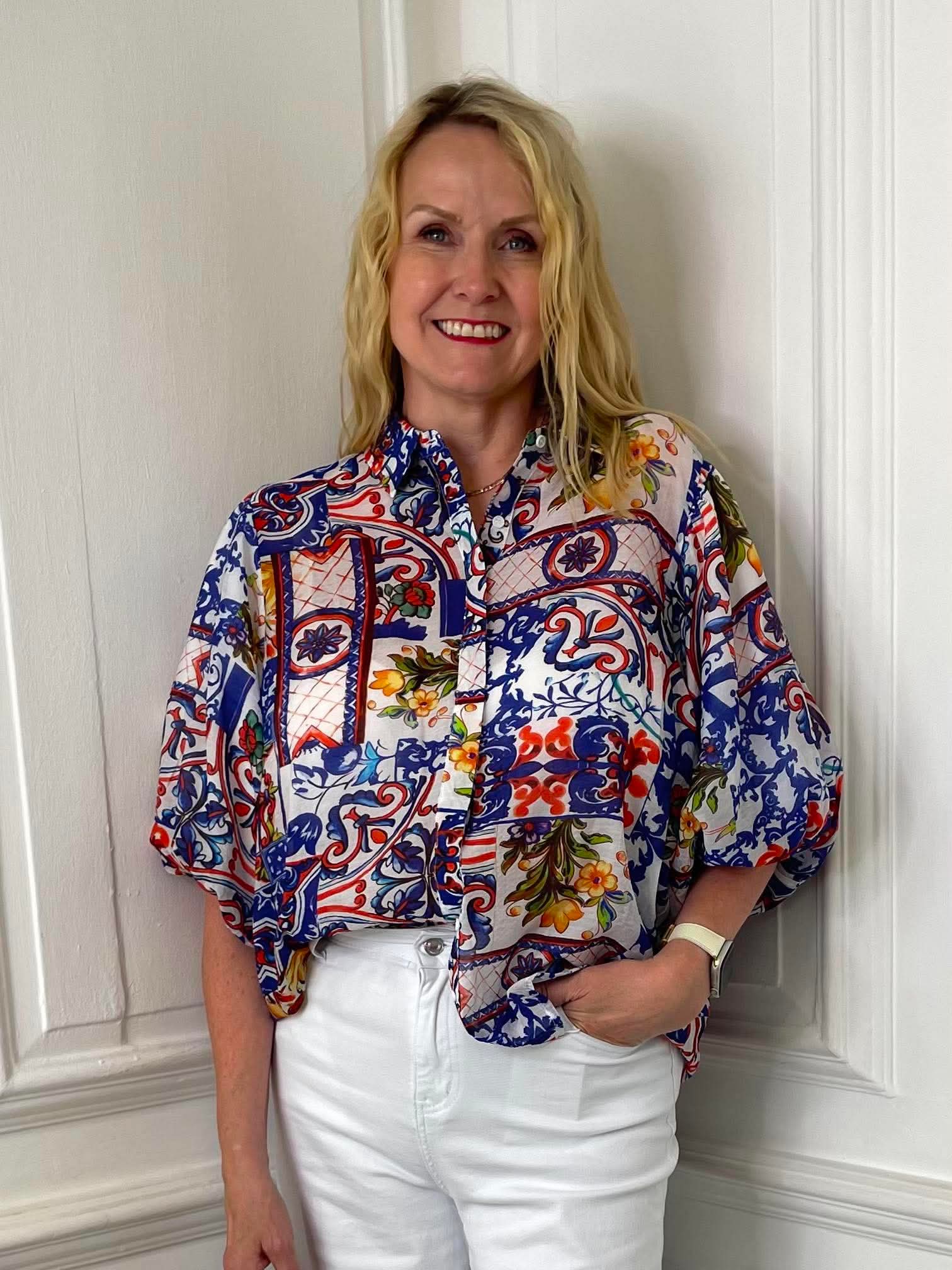 Puff Sleeve Tile Print Blouse
