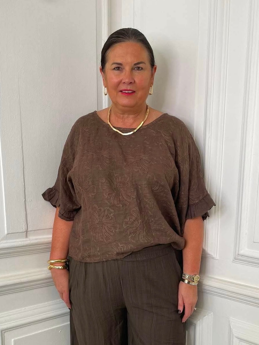 Linen Fiorita Stitch Top - Chocolate