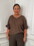 Linen Fiorita Stitch Top - Chocolate