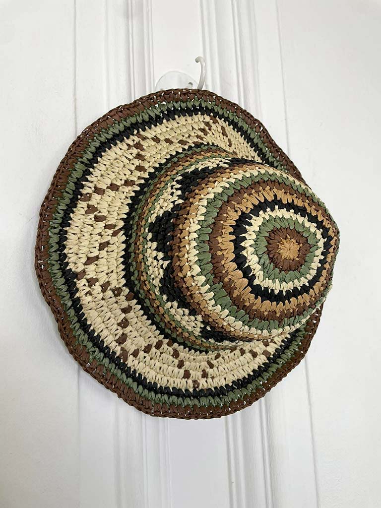 Khaki straw bucket hat with green and brown accents, relaxed styling for womens fashion and everyday wear. - Malissa J Straw Bucket Hat - Khaki