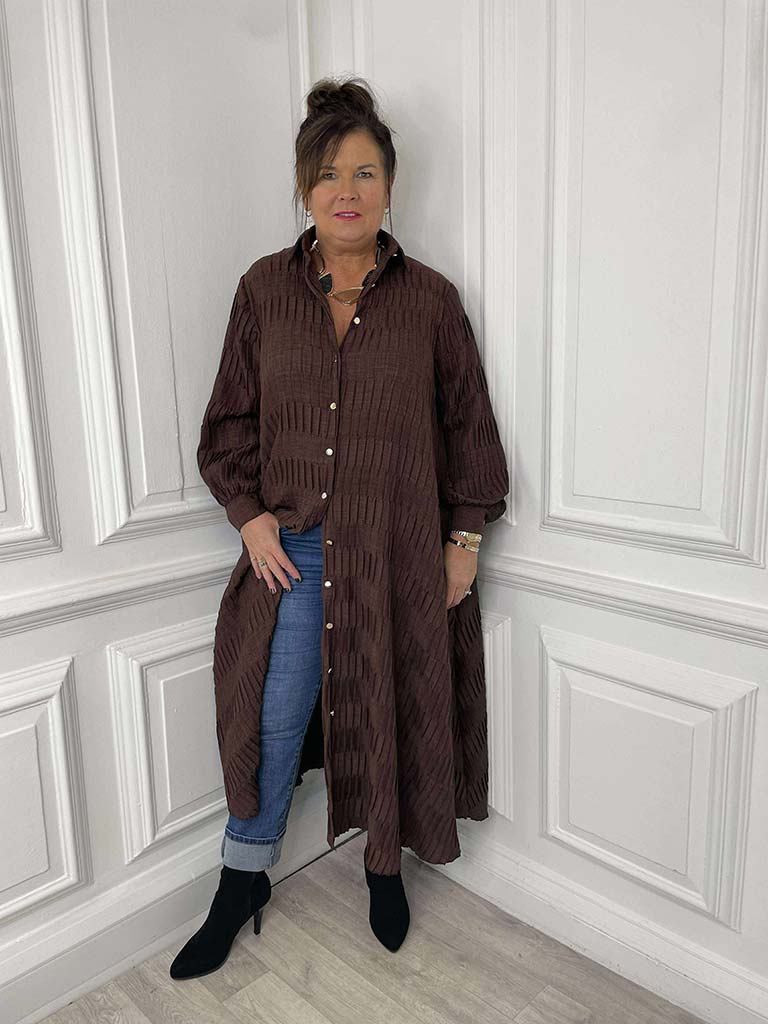 Textured Pleat Shirt Dress - Chocolate