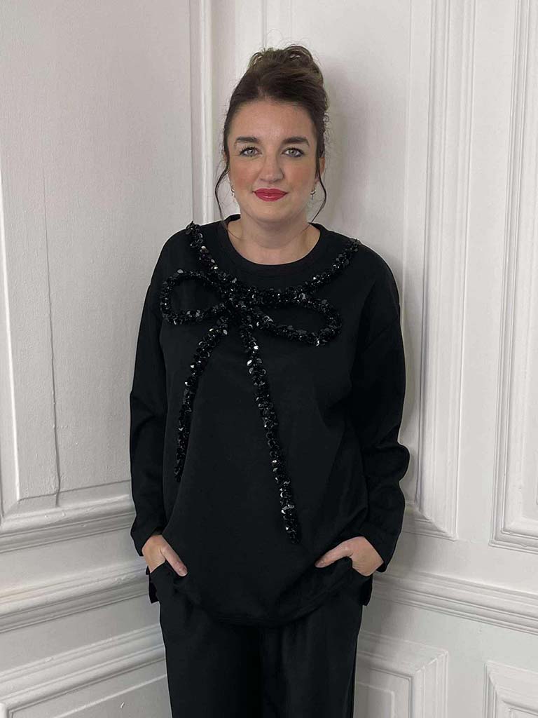 Malissa J Embellished Bow Jersey Top - Black