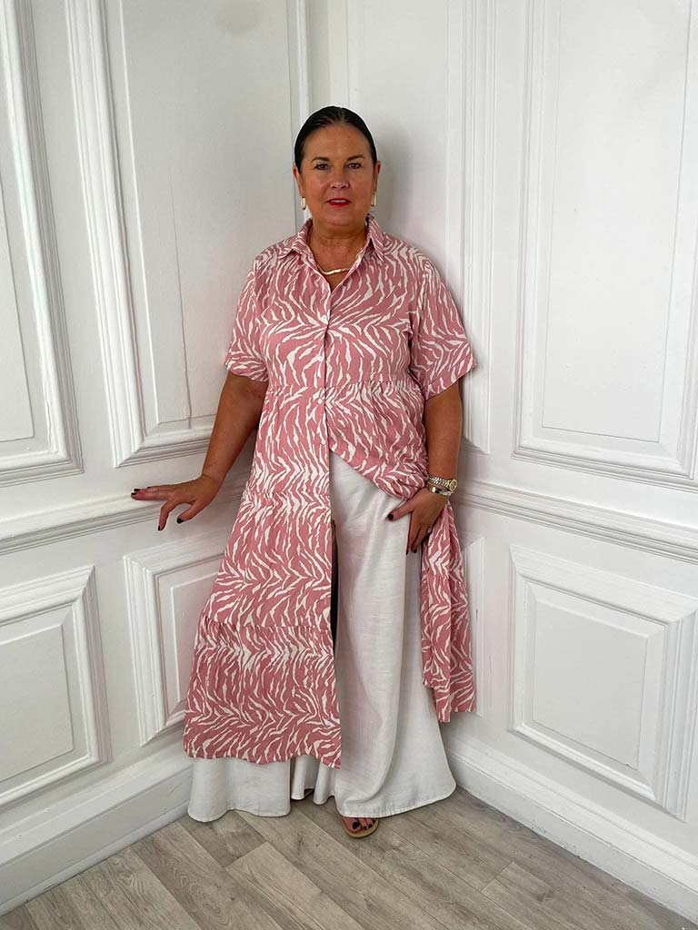 Animal Print Shirt Dress - Salmon Pink