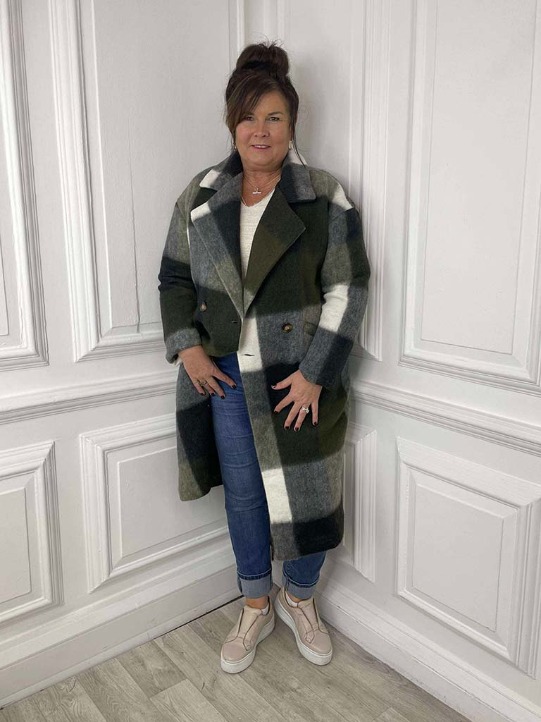 Check Wool Mix Coat - Khaki