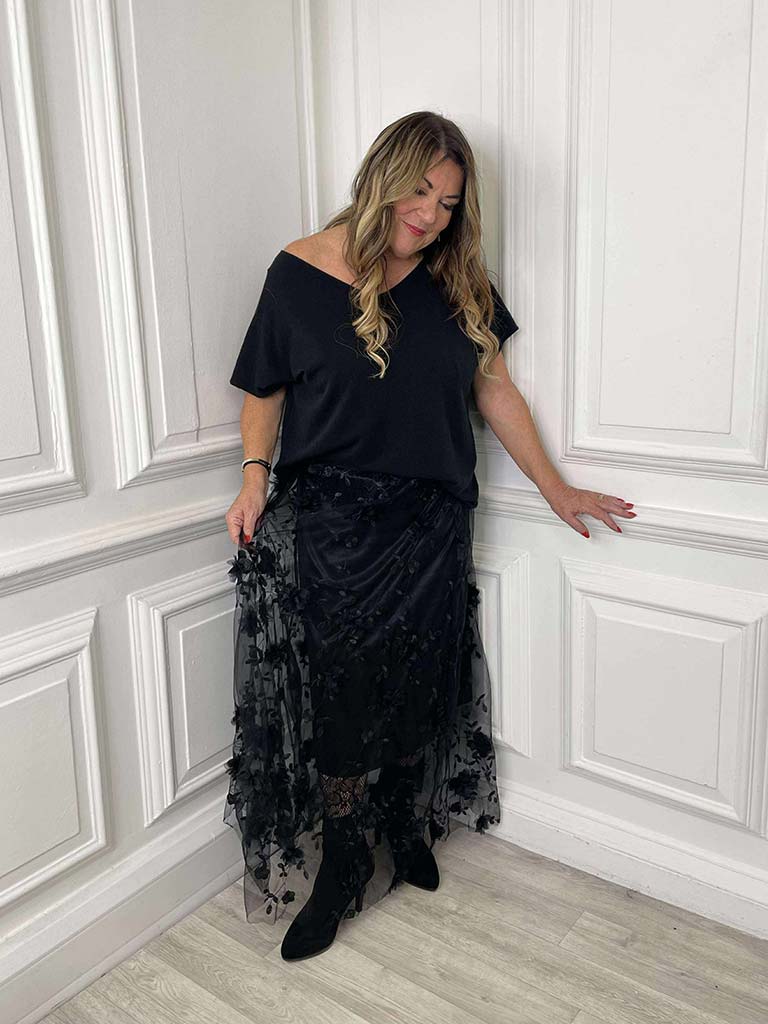 Floral Tulle Skirt - Black